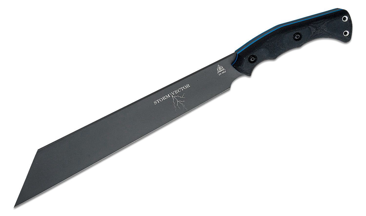 TOPS Knives Storm Vector Seax Knife 12.63 1095 Sniper Gray Blade, Black  Canvas Micarta Handles with Blue G10 Liners, Black Kydex Sheath -  KnifeCenter - SVEC-02