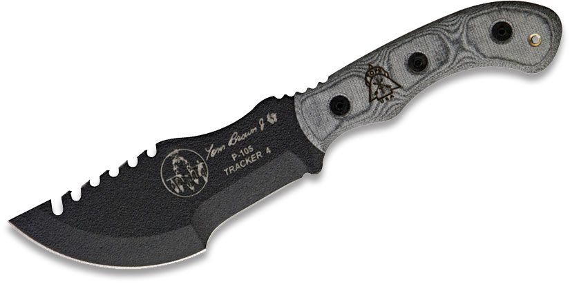 TOPS Knives Mini Tom Brown Tracker #4 Fixed Knife 3.5" Black 1095 Sawback, Black Micarta Handles and Kydex Sheath - KnifeCenter - TBT-040