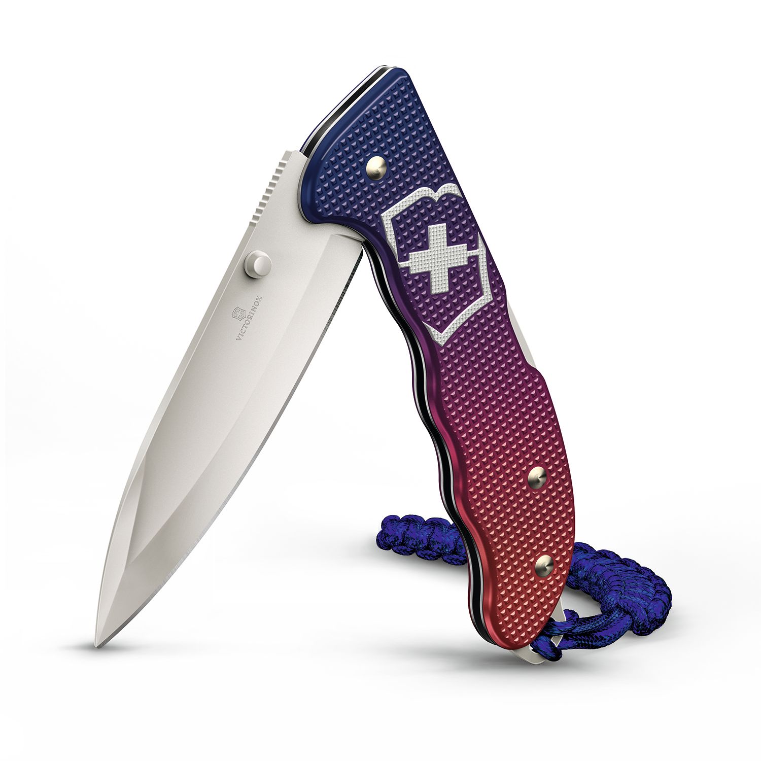 Victorinox Swiss Army Evoke Folding Knife 3.875 Bead Blast Drop Point Blade,  Blue/Red Gradiant Alox Handles with Clip and Paracord Lanyard - KnifeCenter  - 0.9415.D221