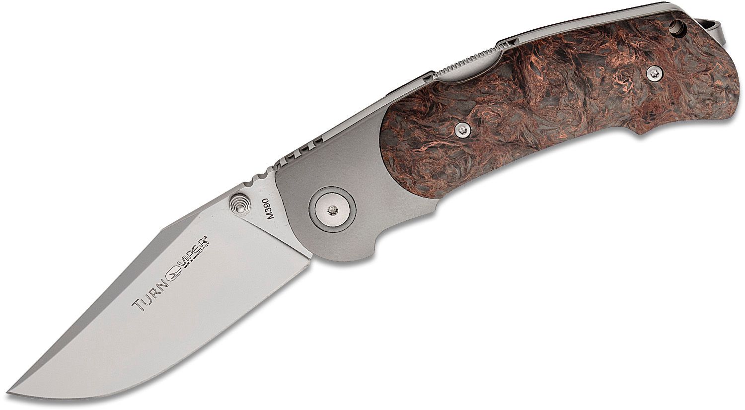 Viper Knives Limited Edition Turn Folding Knife 3.23 M390 Bead Blasted  Clip Point Blade, Bolstered Titanium Handles with Copper Dark Matter  FatCarbon Scales - KnifeCenter - V5986FCC