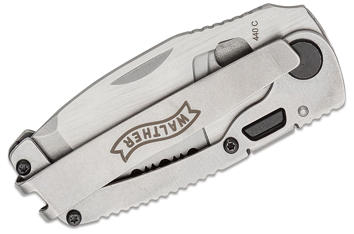 Walther CFK Chisel Frame Lock Folding Knife 2.44 Two-Tone Tanto Combo  Blade, Stonewashed Skeletonized Stainless Steel Handles, Nylon Pouch -  KnifeCenter - 5.0795-US