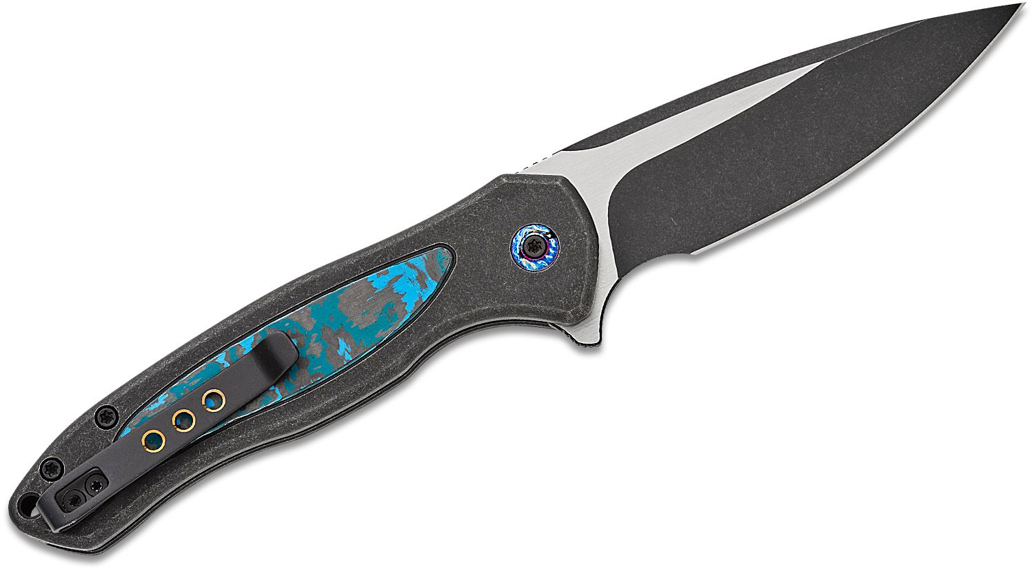 We Knife Company Equivik Nested Frame Lock Flipper Knife 3.48 CPM-20CV  Black Stonewashed Drop Point Blade, Black Titanium Handles with Arctic  Storm FatCarbon Scales - KnifeCenter - WE23020-4