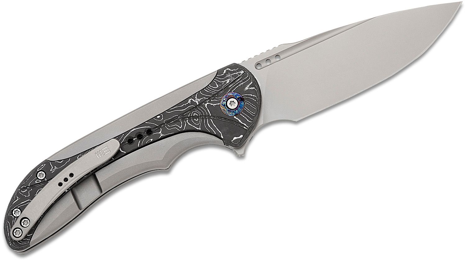 We Knife Company Equivik Nested Frame Lock Flipper Knife 3.48 CPM-20CV  Hand Rubbed Satin Drop Point Blade, Blue Titanium Handles with Polished  Bead Blasted Titanium Scales - KnifeCenter - WE23020-3