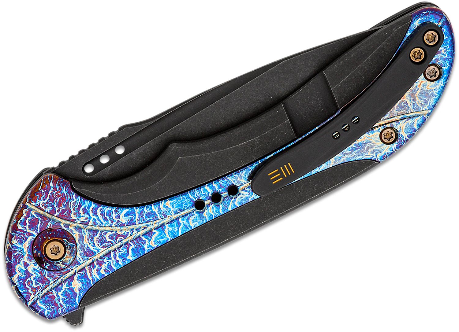 We Knife Company Equivik Nested Frame Lock Flipper Knife 3.48 CPM-20CV  Hand Rubbed Satin Drop Point Blade, Blue Titanium Handles with Polished  Bead Blasted Titanium Scales - KnifeCenter - WE23020-3