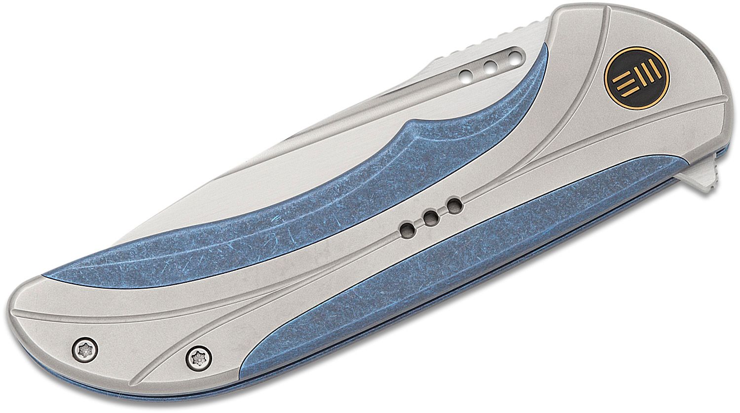 We Knife Company Equivik Nested Frame Lock Flipper Knife 3.48 CPM-20CV  Hand Rubbed Satin Drop Point Blade, Blue Titanium Handles with Polished  Bead Blasted Titanium Scales - KnifeCenter - WE23020-3