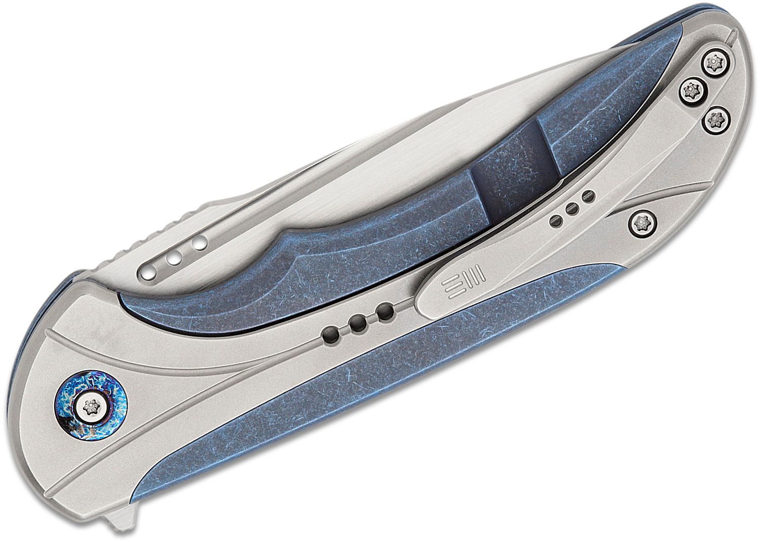 We Knife Company Equivik Nested Frame Lock Flipper Knife 3.48 CPM-20CV  Hand Rubbed Satin Drop Point Blade, Blue Titanium Handles with Polished  Bead Blasted Titanium Scales - KnifeCenter - WE23020-3