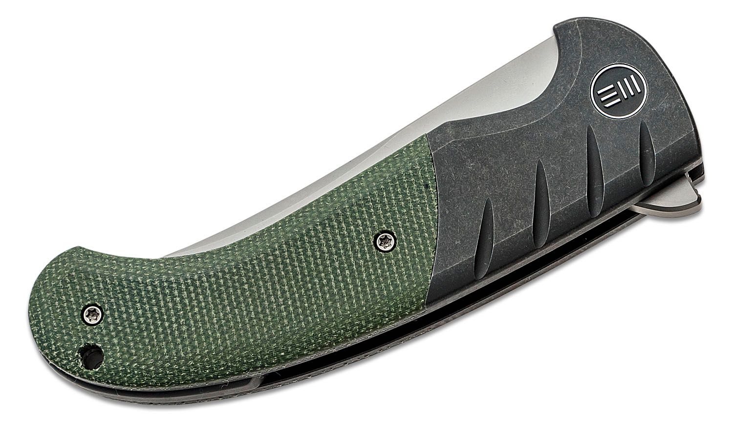 We Knife Company Eric Ochs Curvaceous Flipper Knife 3.7 CPM-20CV Bead  Blasted Trailing Point Blade, Black Stonewashed Bolstered Titanium Handles  with Green Micarta Scales - KnifeCenter - WE20012-2