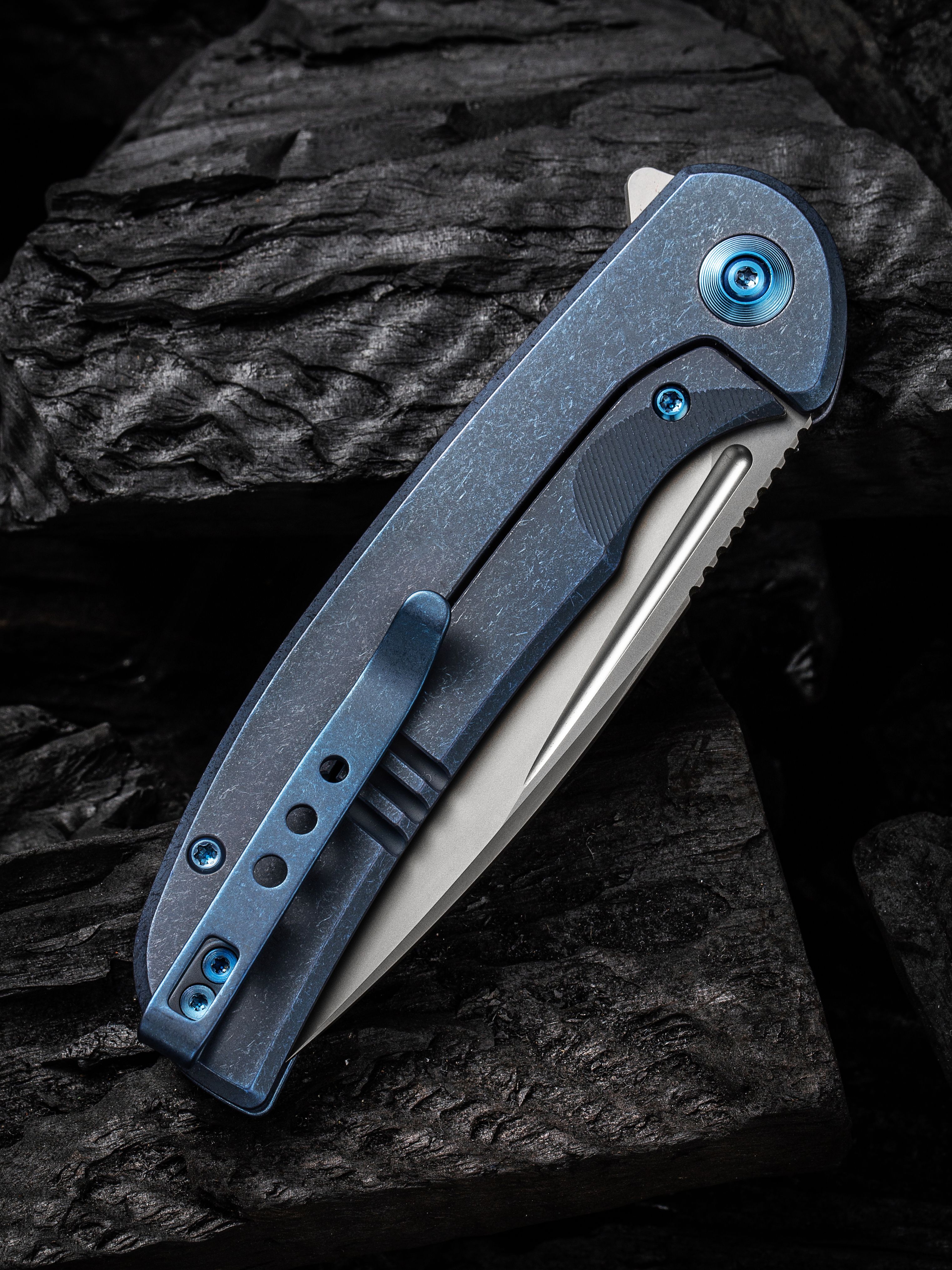 We Knife Company Equivik Nested Frame Lock Flipper Knife 3.48 CPM-20CV  Hand Rubbed Satin Drop Point Blade, Blue Titanium Handles with Polished  Bead Blasted Titanium Scales - KnifeCenter - WE23020-3