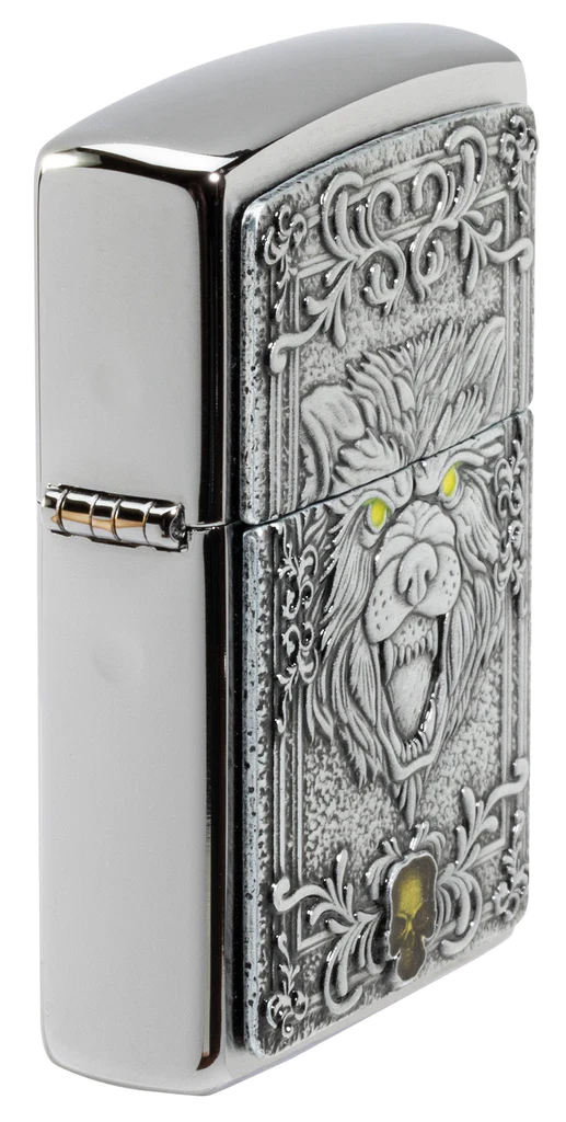 Zippo Lighter Brushed Chrome, Wolf Emblem Design - KnifeCenter - 48690