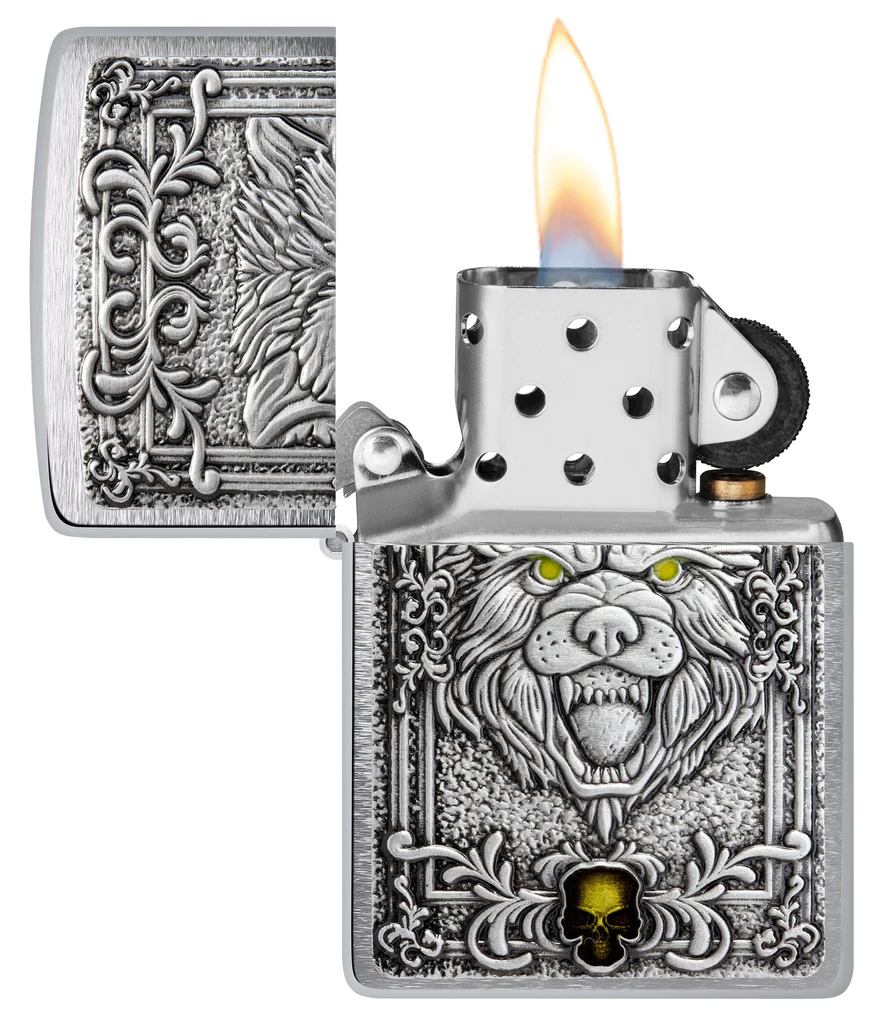 Zippo Lighter Brushed Chrome, Wolf Emblem Design - KnifeCenter - 48690