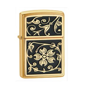 Zippo Gold Floral Flush Emblem, Brushed Brass Classic