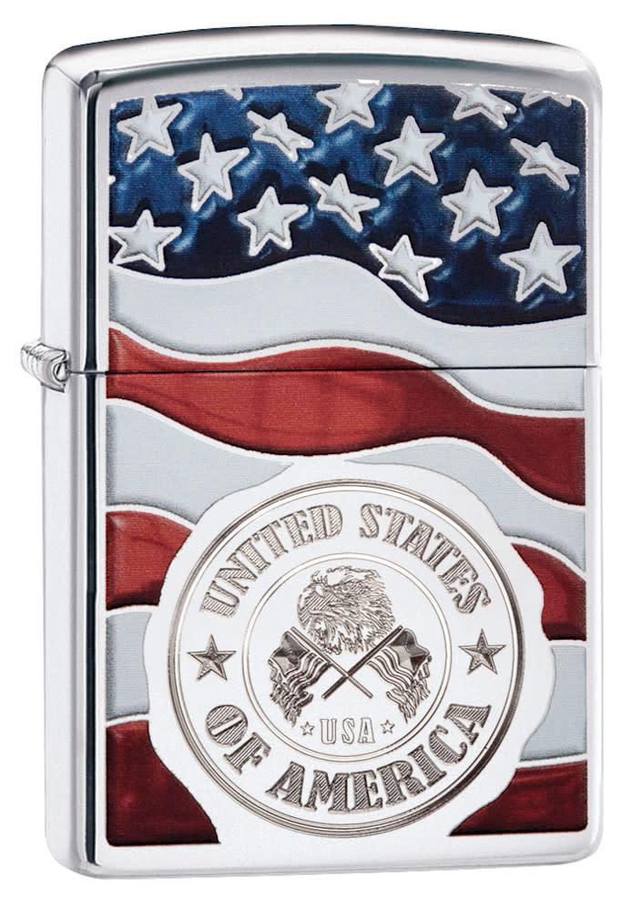 Zippo Lighter High Polish Chrome, US Flag with Engraved Seal
