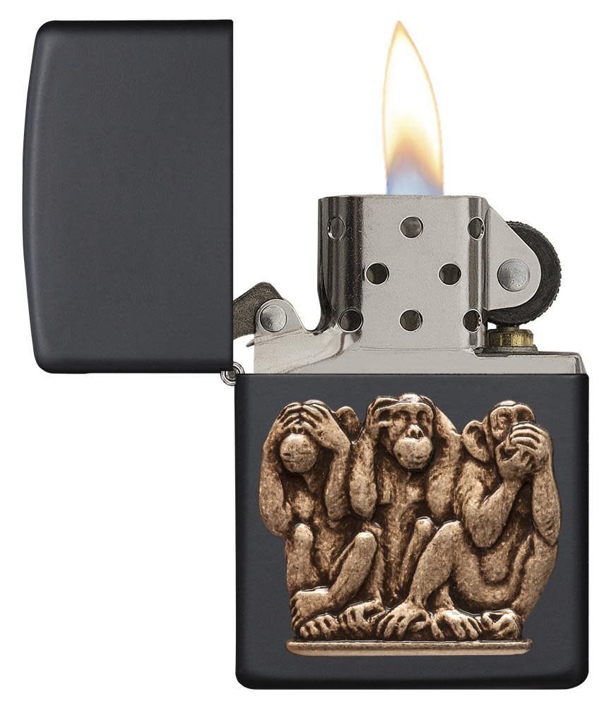 Zippo Lighter Black Matte, Three Monkeys Emblem