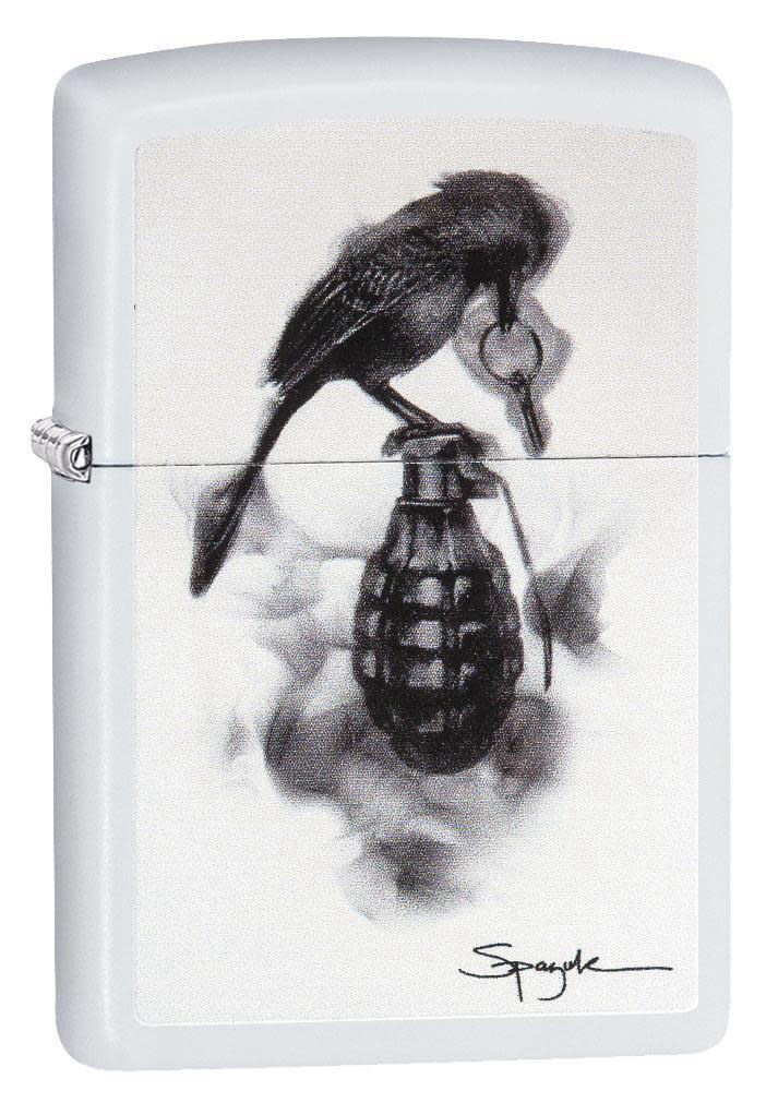 Zippo Lighter White Matte, Spazuk Raven Grenade - KnifeCenter