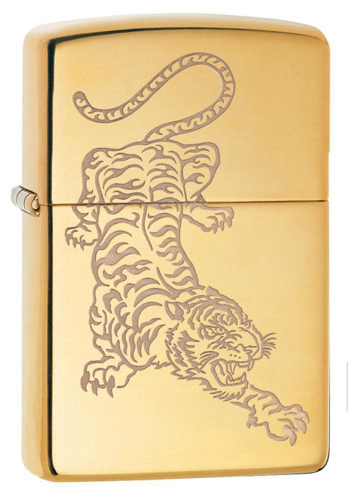 Zippo Lighter High Polish Brass, Lustre Tiger Engraving
