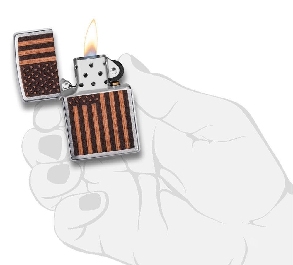 Zippo Lighter Woodchuck USA, Brushed Chrome, Mahogany American Flag