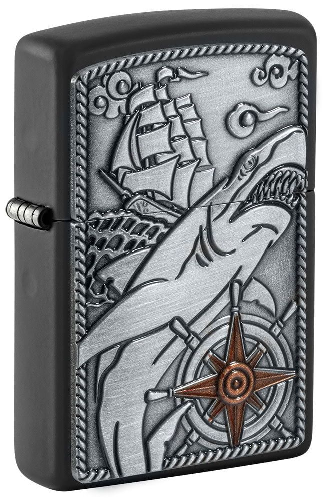 Zippo Lighter Black Matte, Ship Shark Emblem - KnifeCenter - 48120