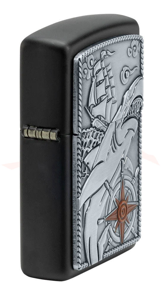 Zippo Lighter Black Matte, Ship Shark Emblem - KnifeCenter