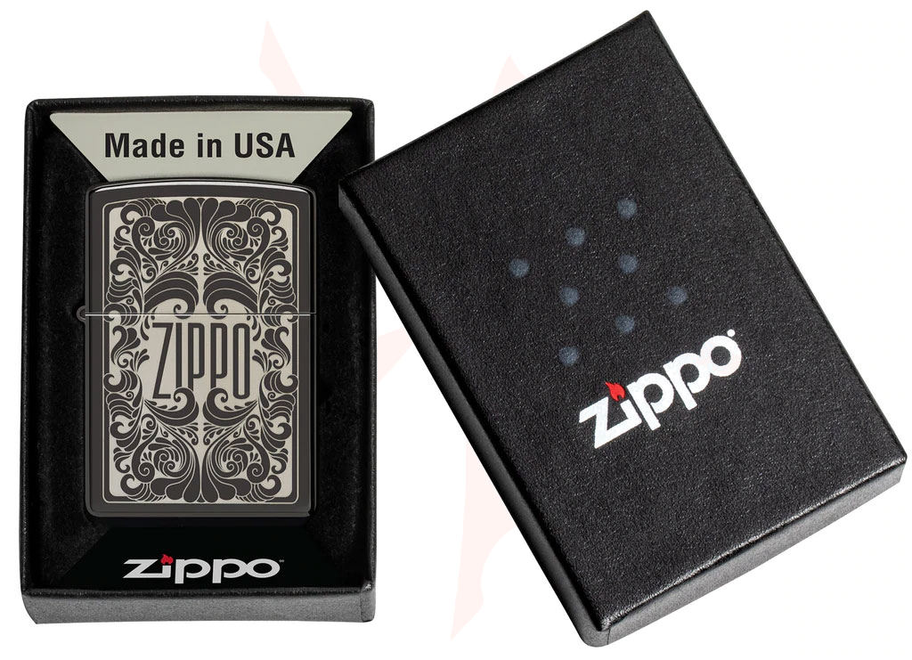 Zippo Lighter High Polish Black, Laser Engrave, Swirling Zippo