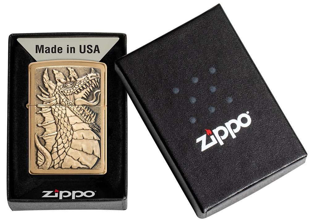 Zippo Lighter Brushed Brass, Roaring Dragon Emblem - KnifeCenter 