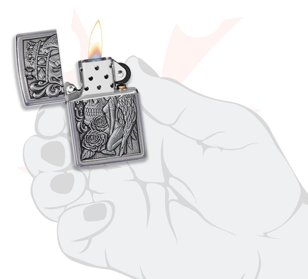 pアイテム Zippo Lighter Street Chrome, Skull and Angel Emblem
