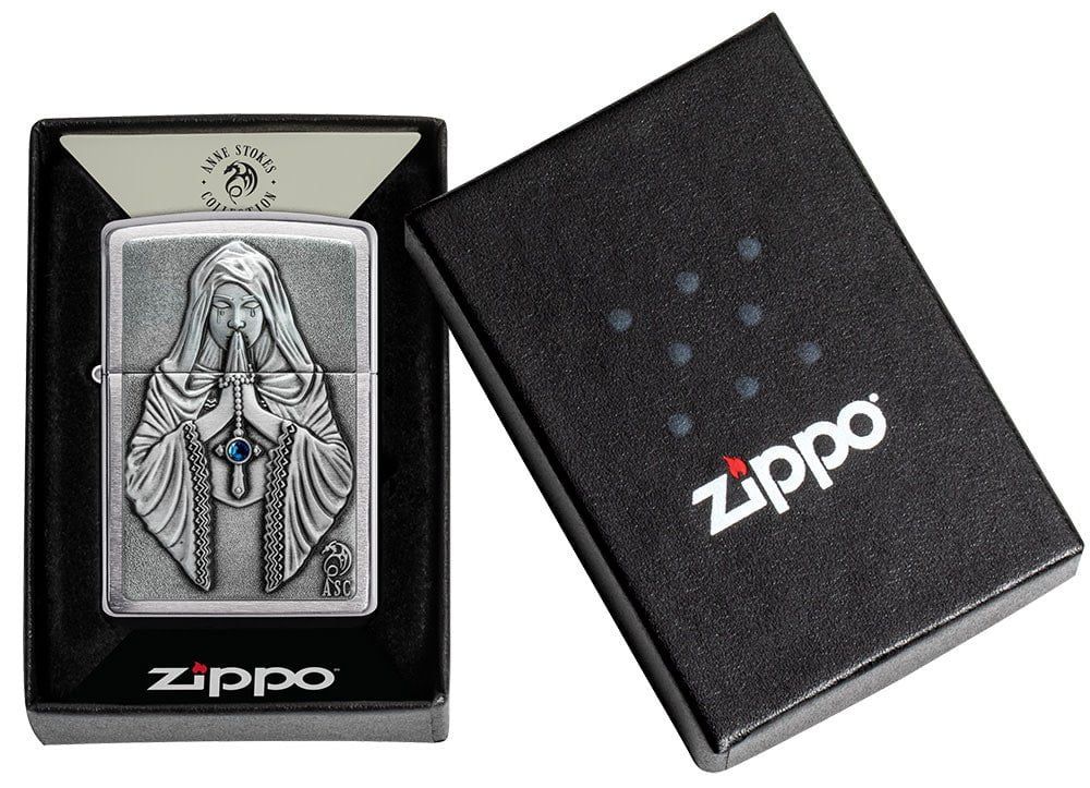 Zippo Lighter Brushed Chrome, Anne Stokes Gothic Prayer Emblem 