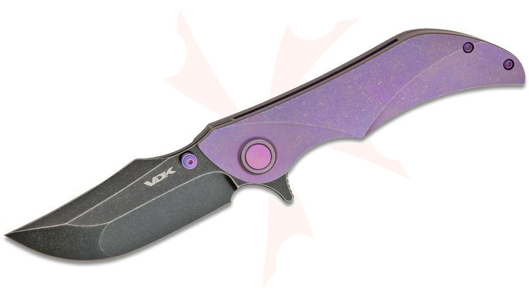 VDK Knives Talisman Flipper Knife 3.125 inch M390 Black Stonewashed Blade, Purple Anodized Titanium Handles, Timascus Clip