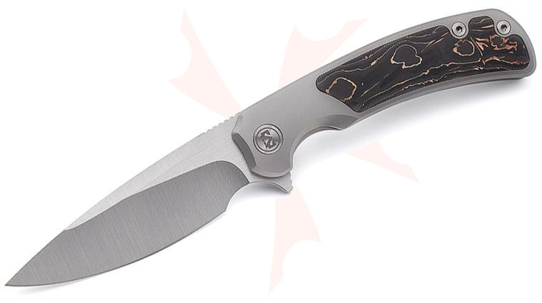 M Miguron Knives Ramto Flipper Knife 3.48 inch M390 Hand Rubbed Satin Drop Point Blade, Sandblasted Titanium Handles with Bronze Carbon Fiber Inlays