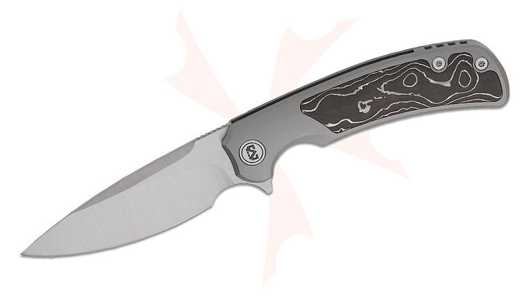 M Miguron Knives Ramto Flipper Knife 3.48 inch M390 Hand Rubbed Satin Drop Point Blade, Sandblasted Titanium Handles with Silver Carbon Fiber Inlays