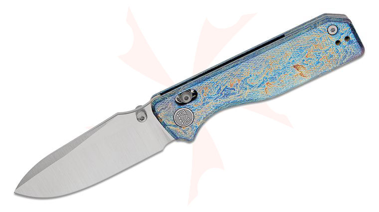 M Miguron Knives Vane II Crossbar Lock Folding Knife 3.25 inch M390 Rubbed Satin Drop Point Blade, Lightning Strike Titanium Handles