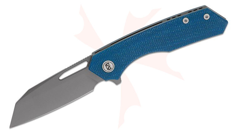 M Miguron Knives Keryx Flipper Knife 3.25 inch 14C28N Dark Gray PVD Reverse Tanto Blade, Blue Micarta Handles