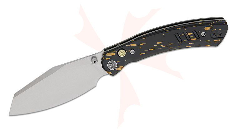 M Miguron Knives Karok Button Lock Folding Knife 3.4 inch D2 Stonewashed Reverse Tanto Blade, Speckled Black Aluminum Handles