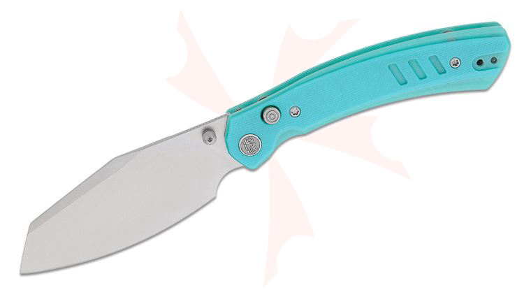 M Miguron Knives Karok Button Lock Folding Knife 3.4 inch D2 Stonewashed Reverse Tanto Blade, Blue G10 Handles