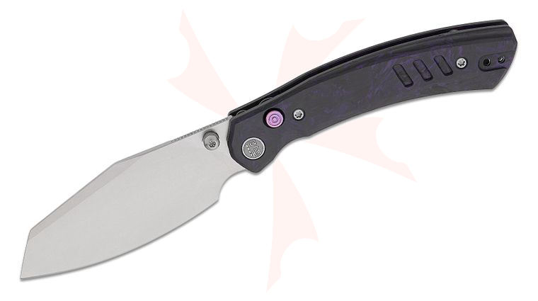 M Miguron Knives Karok Button Lock Folding Knife 3.4 inch D2 Stonewashed Reverse Tanto Blade, Purple Carbon Fiber Handles