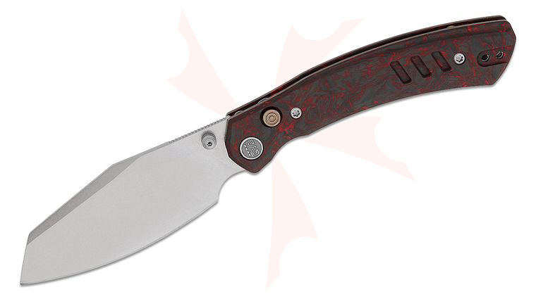 M Miguron Knives Karok Button Lock Folding Knife 3.4 inch D2 Stonewashed Reverse Tanto Blade, Red Carbon Fiber Handles