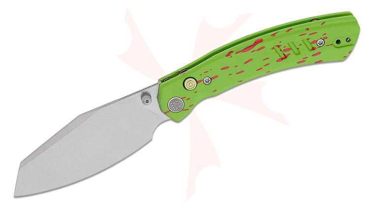 M Miguron Knives Karok Button Lock Folding Knife 3.4 inch D2 Stonewashed Reverse Tanto Blade, Speckled Green Aluminum Handles
