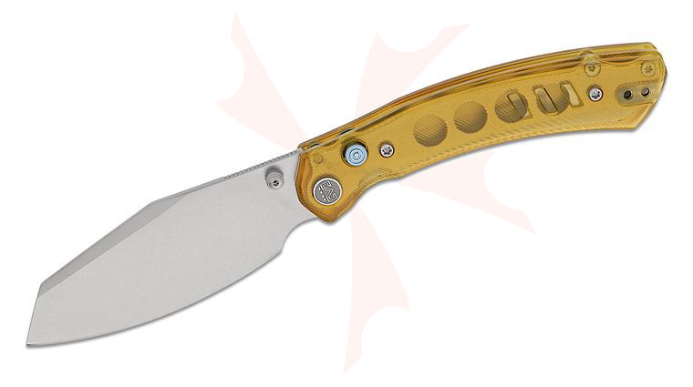 M Miguron Knives Karok Button Lock Folding Knife 3.4 inch D2 Stonewashed Reverse Tanto Blade, Yellow PEI Handles