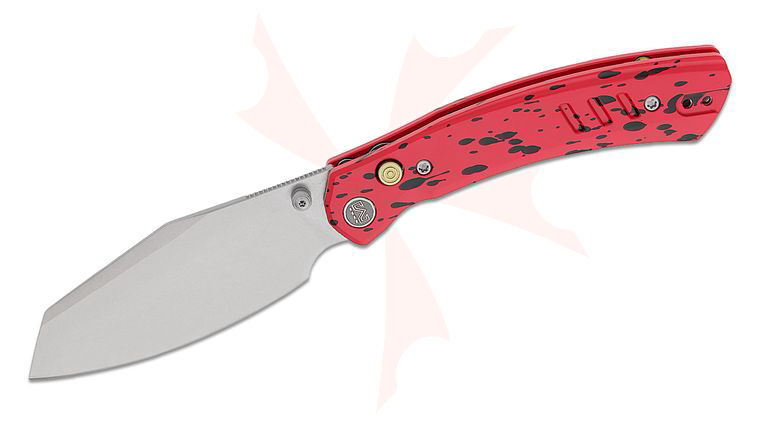 M Miguron Knives Karok Button Lock Folding Knife 3.4 inch D2 Stonewashed Reverse Tanto Blade, Speckled Red Aluminum Handles
