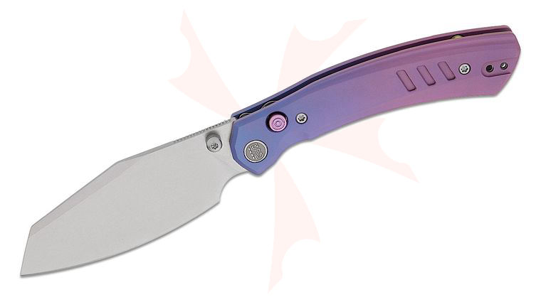 M Miguron Knives Karok Button Lock Folding Knife 3.4 inch D2 Stonewashed Reverse Tanto Blade, Blurple Anodized Titanium Handles