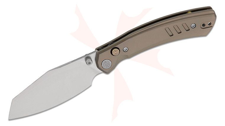 M Miguron Knives Karok Button Lock Folding Knife 3.4 inch D2 Stonewashed Reverse Tanto Blade, Bronze Titanium Handles