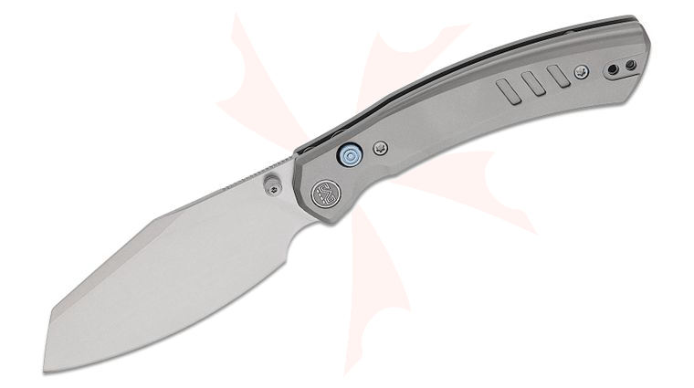 M Miguron Knives Karok Button Lock Folding Knife 3.4 inch D2 Stonewashed Reverse Tanto Blade, Gray Titanium Handles
