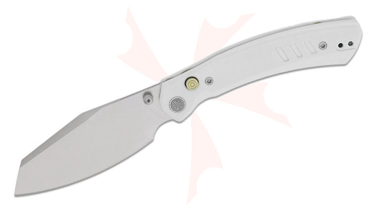 M Miguron Knives Karok Button Lock Folding Knife 3.4 inch D2 Stonewashed Reverse Tanto Blade, White G10 Handles