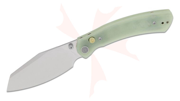 M Miguron Knives Karok Button Lock Folding Knife 3.4 inch D2 Stonewashed Reverse Tanto Blade, Glow in the Dark Green G10 Handles
