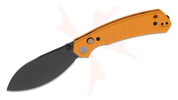 M Miguron Knives Hovor Button Lock Folding Knife 3.3 inch 19C27 Black PVD Leaf-Shaped Blade, Orange Snowflake Spray Aluminum Handles