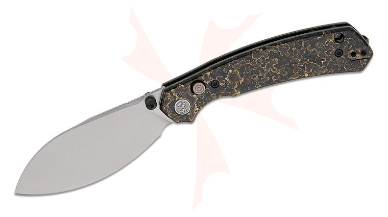 M Miguron Knives Hovor Button Lock Folding Knife 3.3 inch 19C27 Stonewashed Leaf-Shaped Blade, Black Lacquer Aluminum Handles