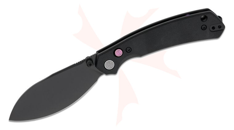 M Miguron Knives Hovor Button Lock Folding Knife 3.3 inch 19C27 Black PVD Leaf-Shaped Blade, Black G10 Handles