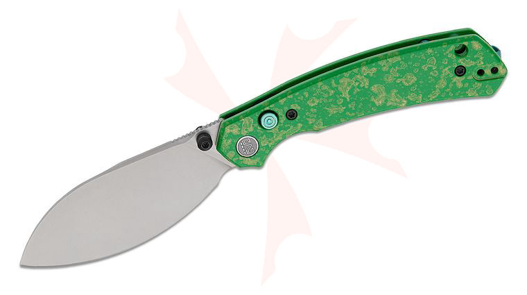 M Miguron Knives Hovor Button Lock Folding Knife 3.3 inch 19C27 Stonewashed Leaf-Shaped Blade, Green Lacquer Aluminum Handles