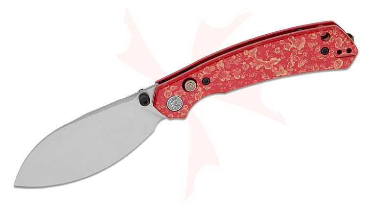 M Miguron Knives Hovor Button Lock Folding Knife 3.3 inch 19C27 Stonewashed Leaf-Shaped Blade, Red Lacquer Aluminum Handles