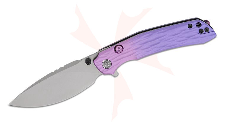 M Miguron Knives Celora Button Lock Flipper Knife 3.3 inch 19C27 Pearlescent Stonewash Drop Point Blade, Purple Gradient Textured Aluminum Handles