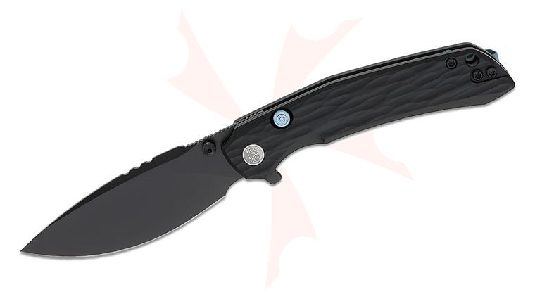 M Miguron Knives Celora Button Lock Flipper Knife 3.3 inch 19C27 Black PVD Drop Point Blade, Black Textured Aluminum Handles